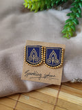 Navy Blue Hand-painted Earrings with Golden Motif Crest Shape with Golden Bead