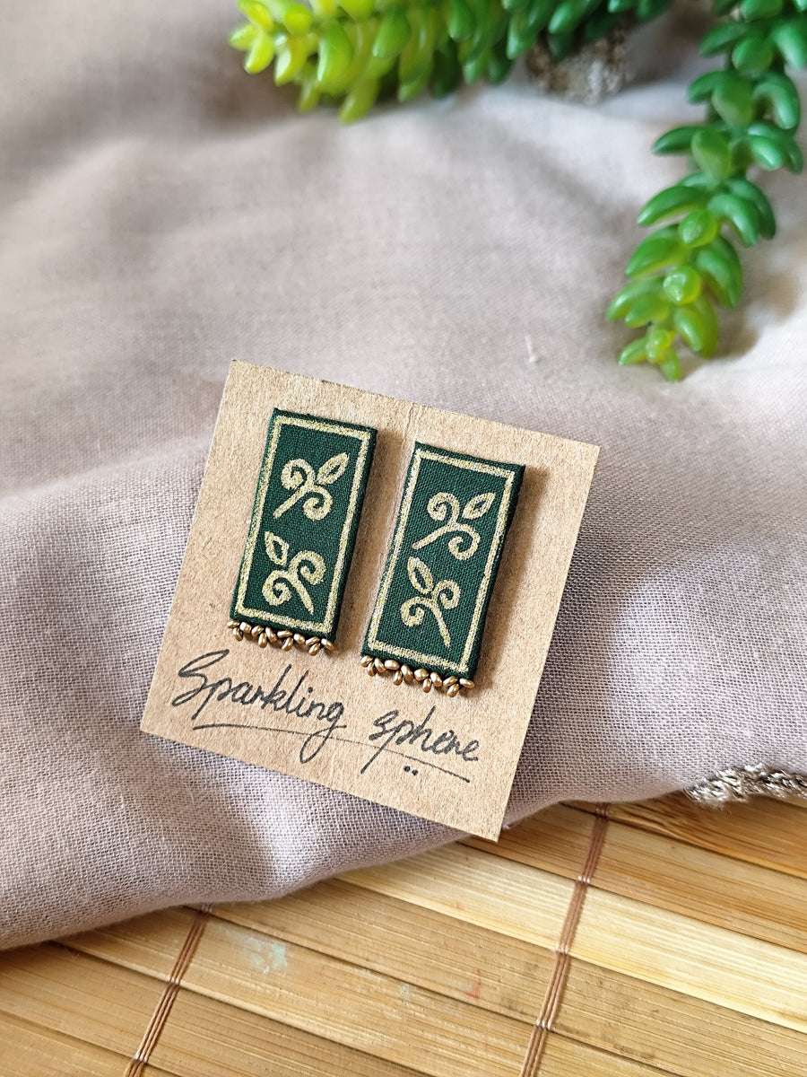 Dark Green Hand-painted Earrings with Golden Motif Narrow Rectangle shape with Golden Beads