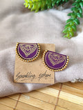 Purple Hand-painted Earrings with Golden Motif Semi Circle with Golden Beads