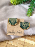 Dark Green Hand-painted Earrings with Golden Motif Semi Circle with Golden Beads