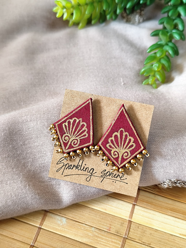 Maroon Hand-painted Earrings with Golden Motif Kite Shape with Golden Bead