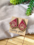 Maroon Hand-painted Earrings with Golden Motif Kite Shape with Golden Bead
