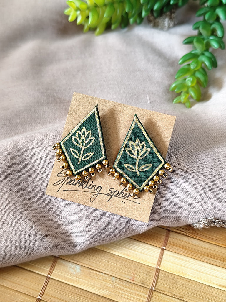 Dark Green Hand-painted Earrings with Golden Motif Kite Shape with Golden Bead