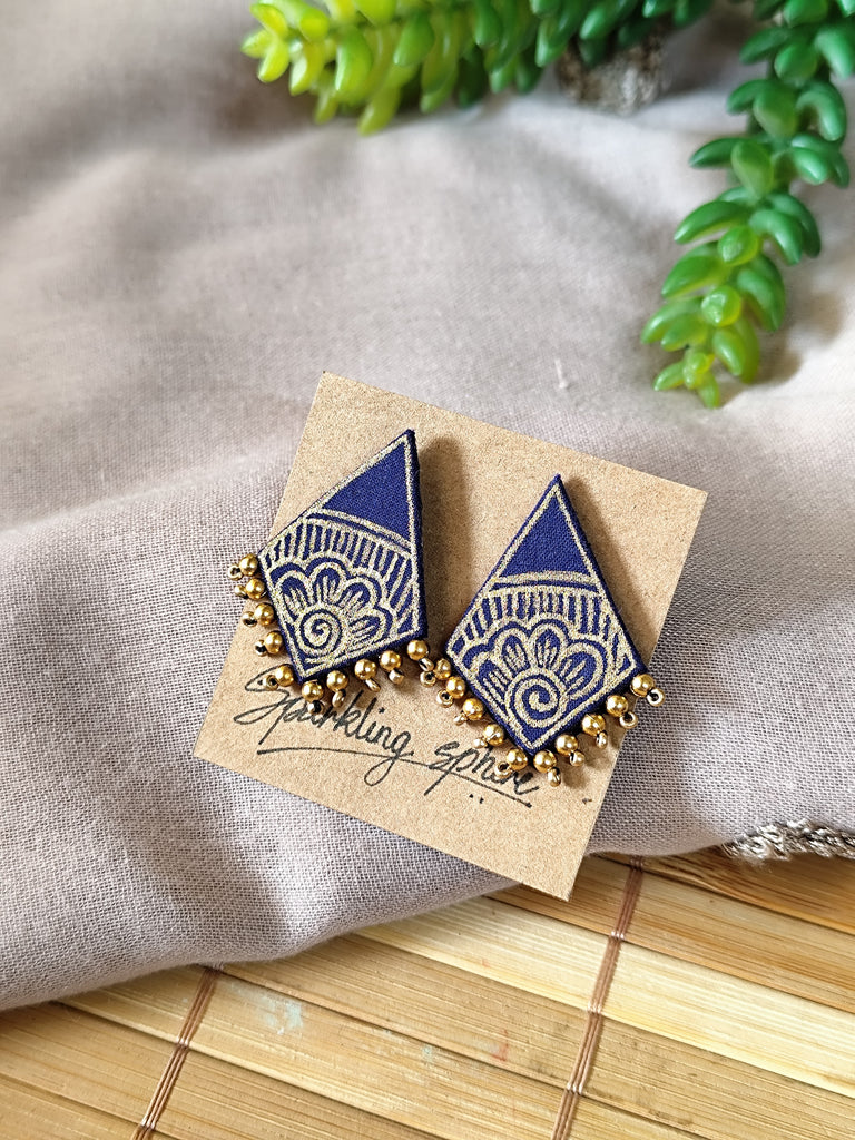 Navy Blue Hand-painted Earrings with Golden Motif Kite Shape with Golden Bead