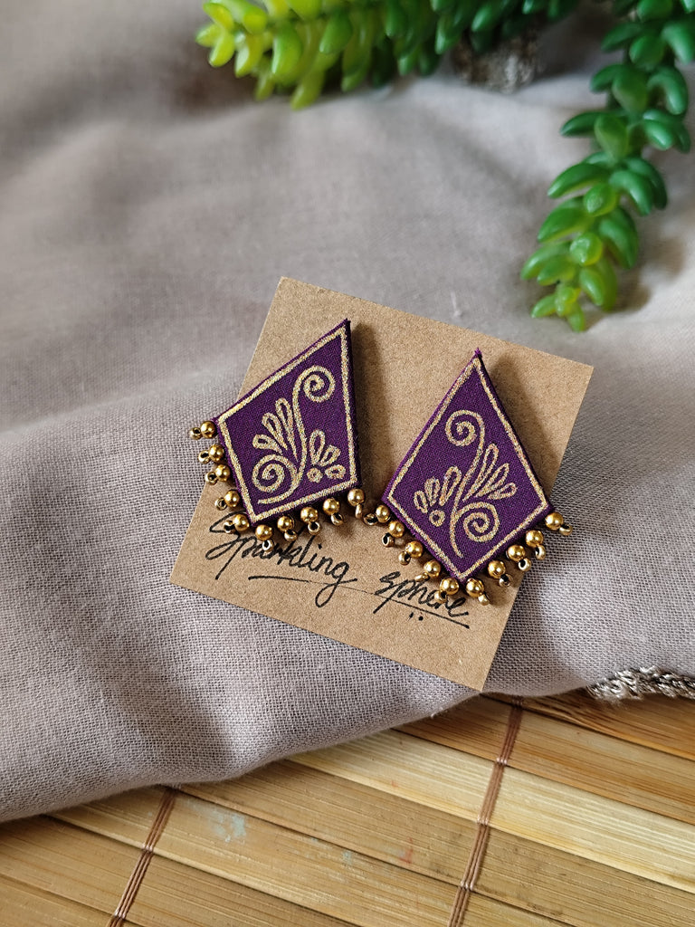 Purple Hand-painted Earrings with Golden Motif Kite Shape with Golden Bead