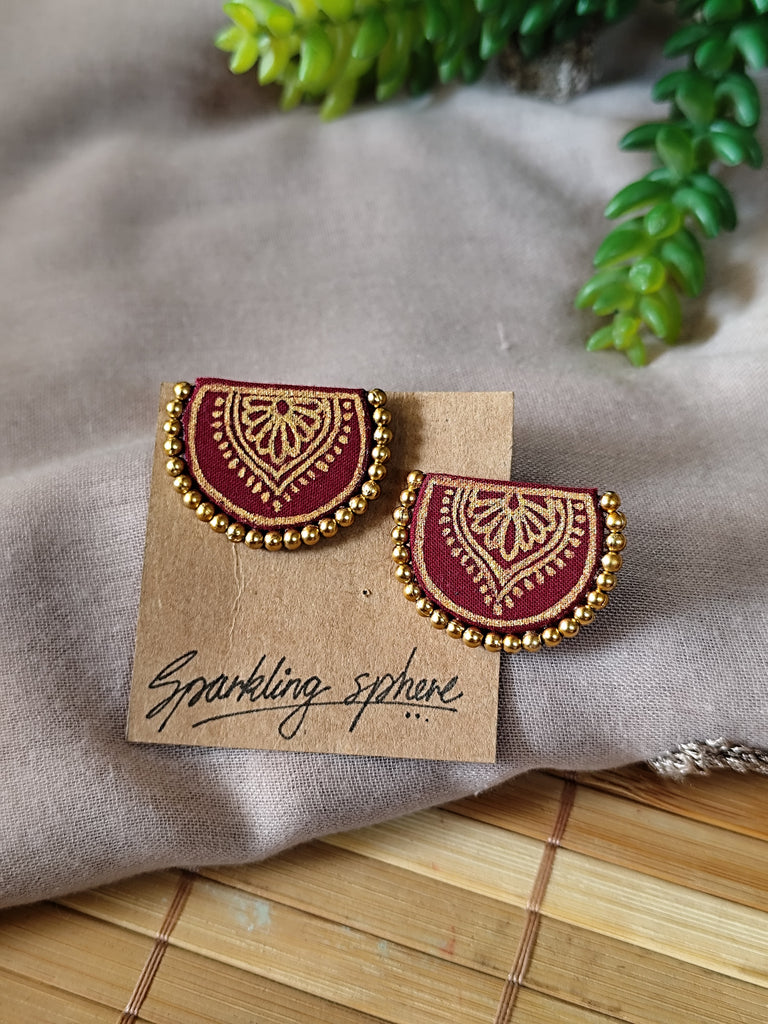Maroon Hand-painted Earrings with Golden Motif Semi Circle with Golden Beads