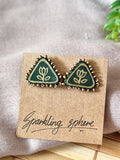 Dark Green Hand-painted Earrings with Golden Motif Small Triangle with Golden Beads