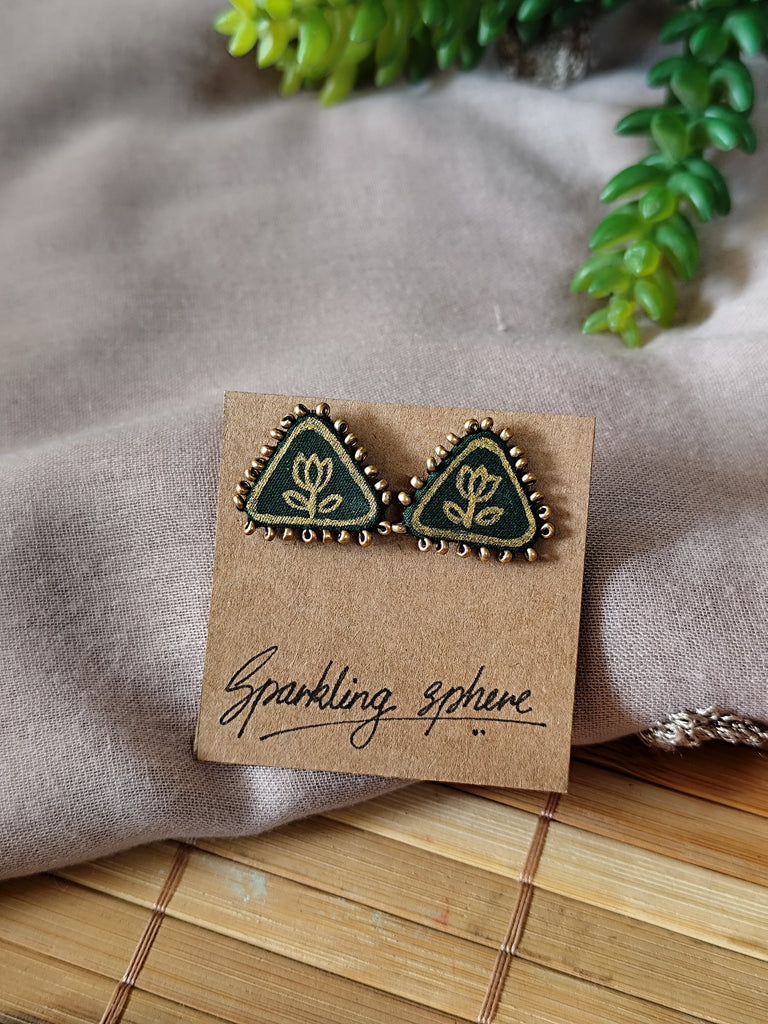 Dark Green Hand-painted Earrings with Golden Motif Small Triangle with Golden Beads