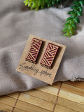 Maroon Hand-painted Earrings with Golden Motif Narrow Rectangle shape with Golden Beads