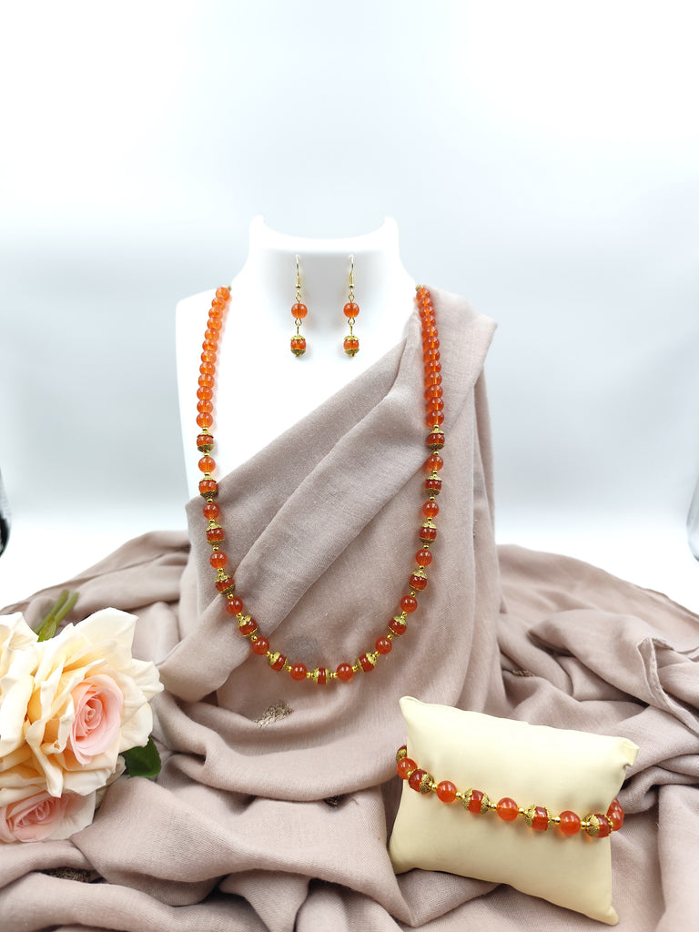Beaded Necklace Combo - Orange Beads with Golden Details Combo