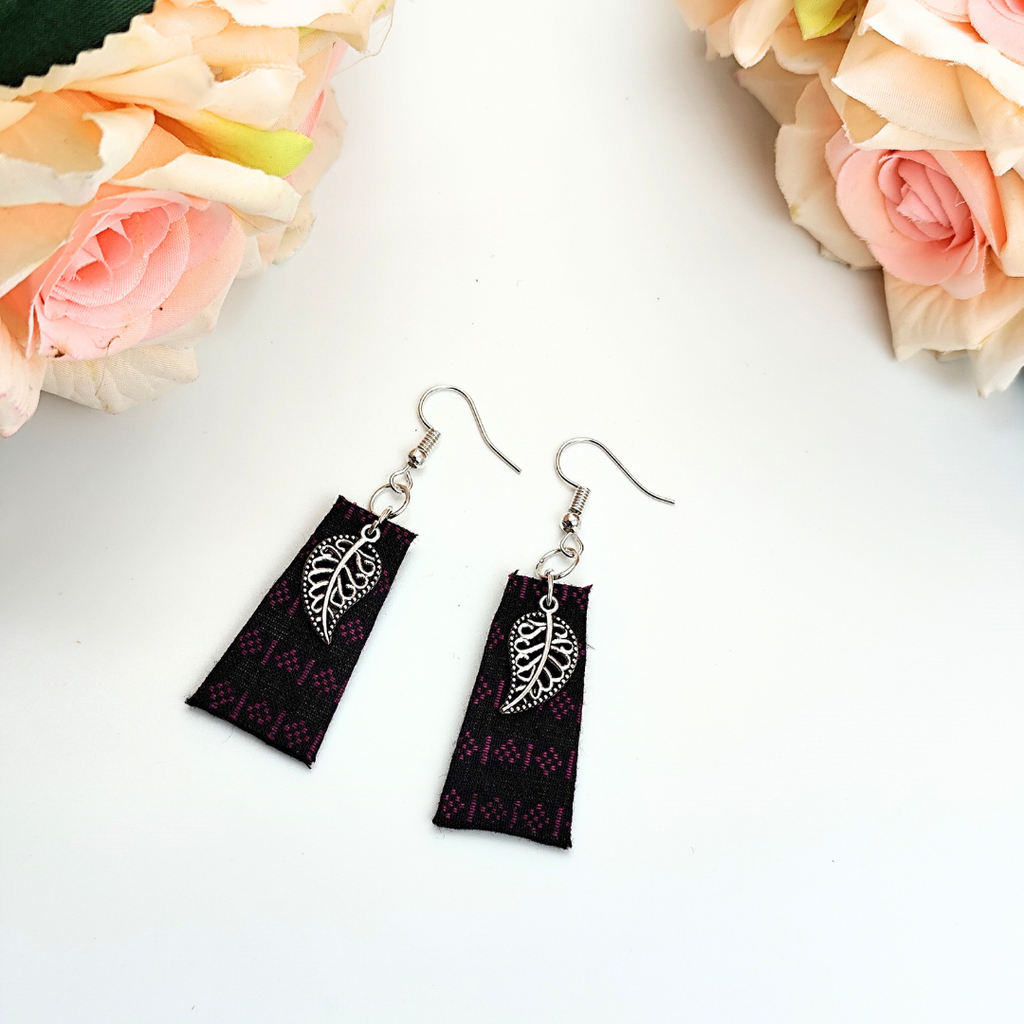 Fabric Earring - Black Fabric with Silver Charm