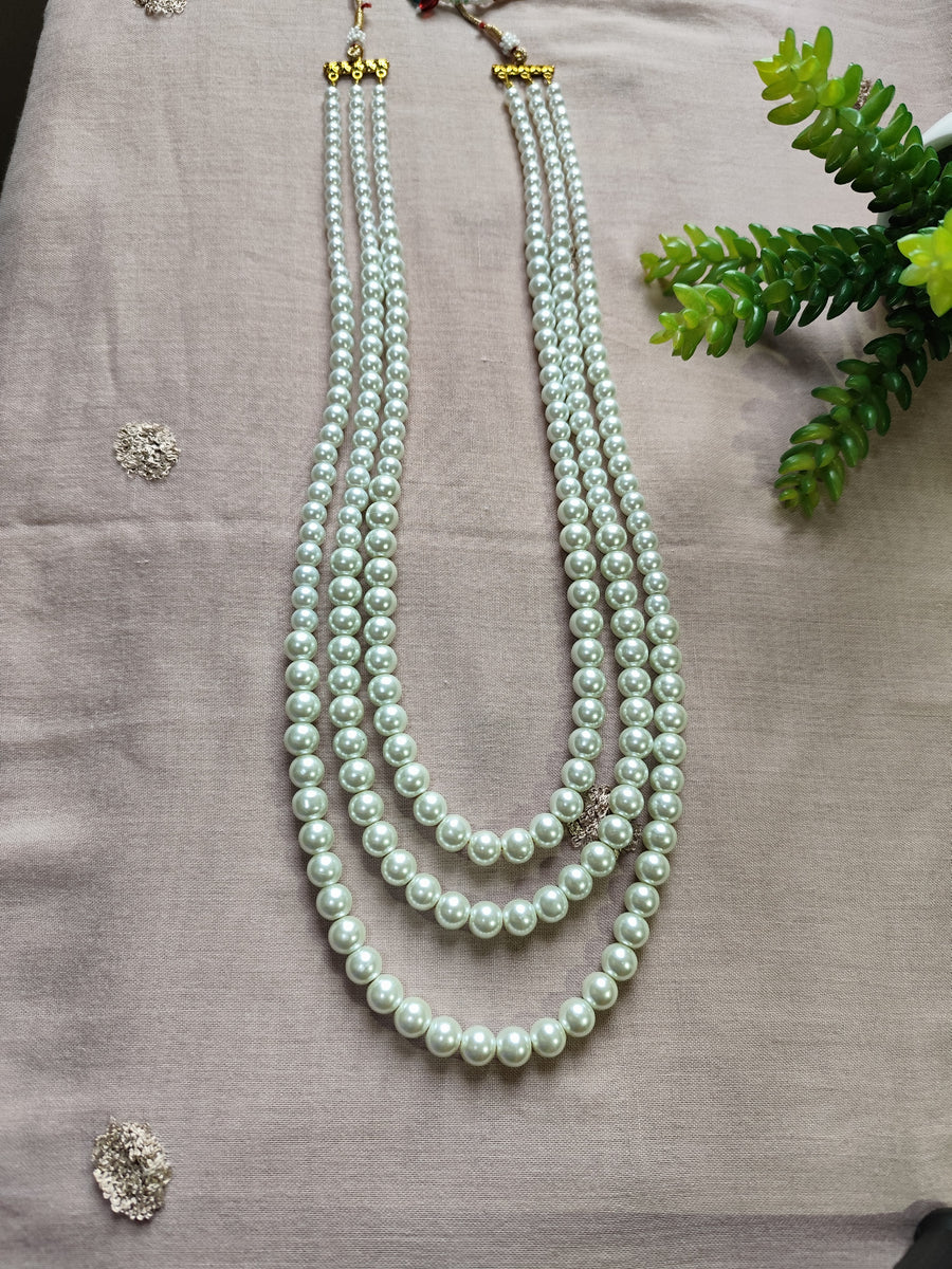 Three Layer Long Glass Pearls Necklace