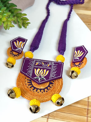 Purple Hand painted Lotus Motif Necklace Set with Jute details