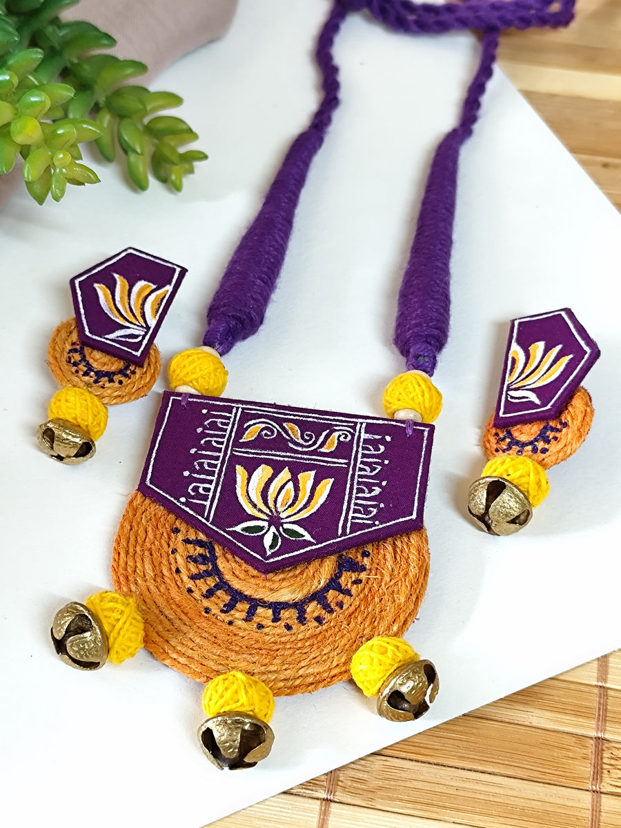 Purple Hand painted Lotus Motif Necklace Set with Jute details