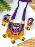 Purple Hand painted Lotus Motif Necklace Set with Jute details