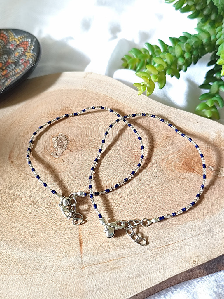 Silver and Navy Blue Seed Beads Anklet Pair