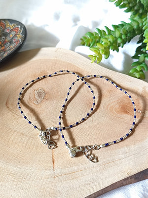 Silver and Navy Blue Seed Beads Anklet Pair