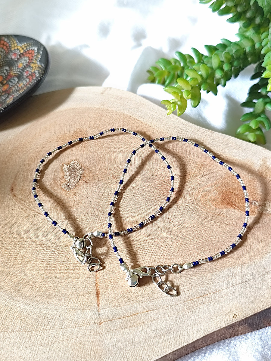 Silver and Navy Blue Seed Beads Anklet Pair