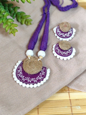 Purple Hand painted Border Motif Necklace Set with Jute details