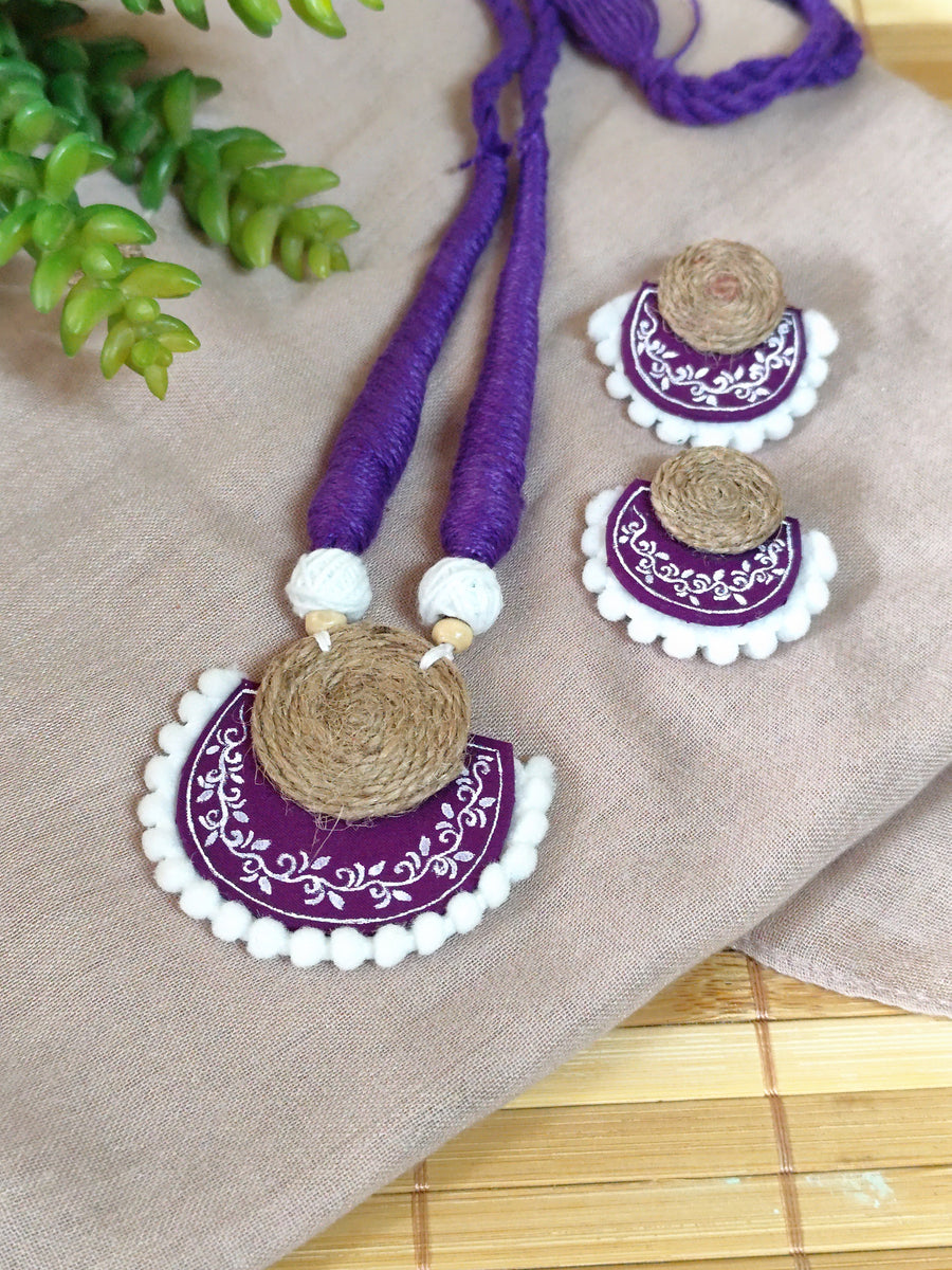 Purple Hand painted Border Motif Necklace Set with Jute details