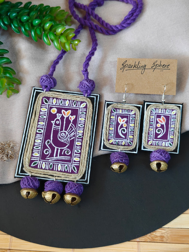 Suparna - Purple Fabric Hand-painted Necklace Set with Bird  Motif and Brass Ghungroo