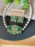 Dark Green Hand-Painted Choker Necklace Set with Pearls Design 2