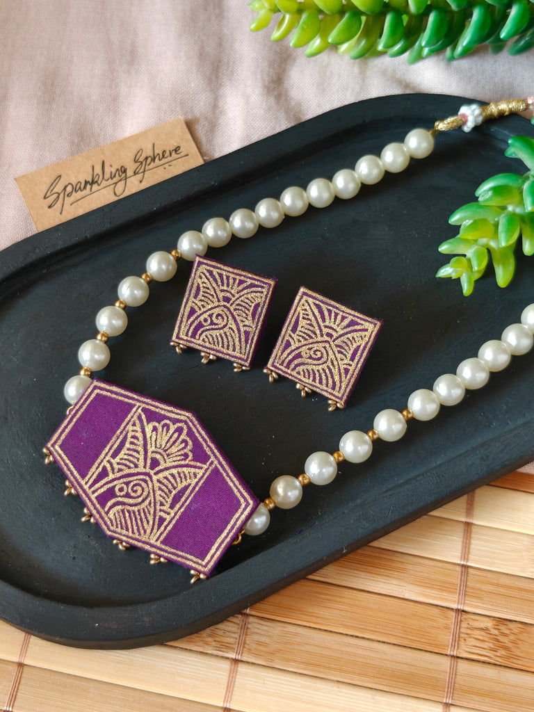 Purple Hand-Painted Choker Necklace Set with Pearls Design 2