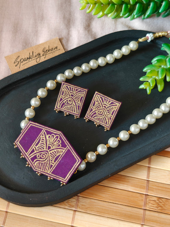 Purple Hand-Painted Choker Necklace Set with Pearls Design 2