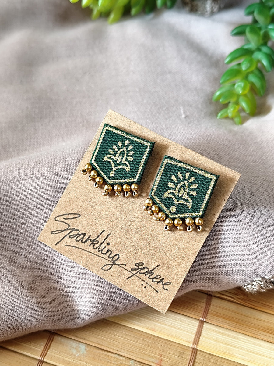 Dark Green Hand-painted Earrings with Golden Motif Pentagon shape with Golden Beads