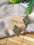 Dark Green Hand-painted Earrings with Golden Motif Diamond shape