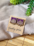 Purple Hand-painted Earrings with Golden Motif Pentagon shape with Golden Beads