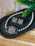 Navy Blue Hand-Painted Choker Necklace Set with Pearls Design 2