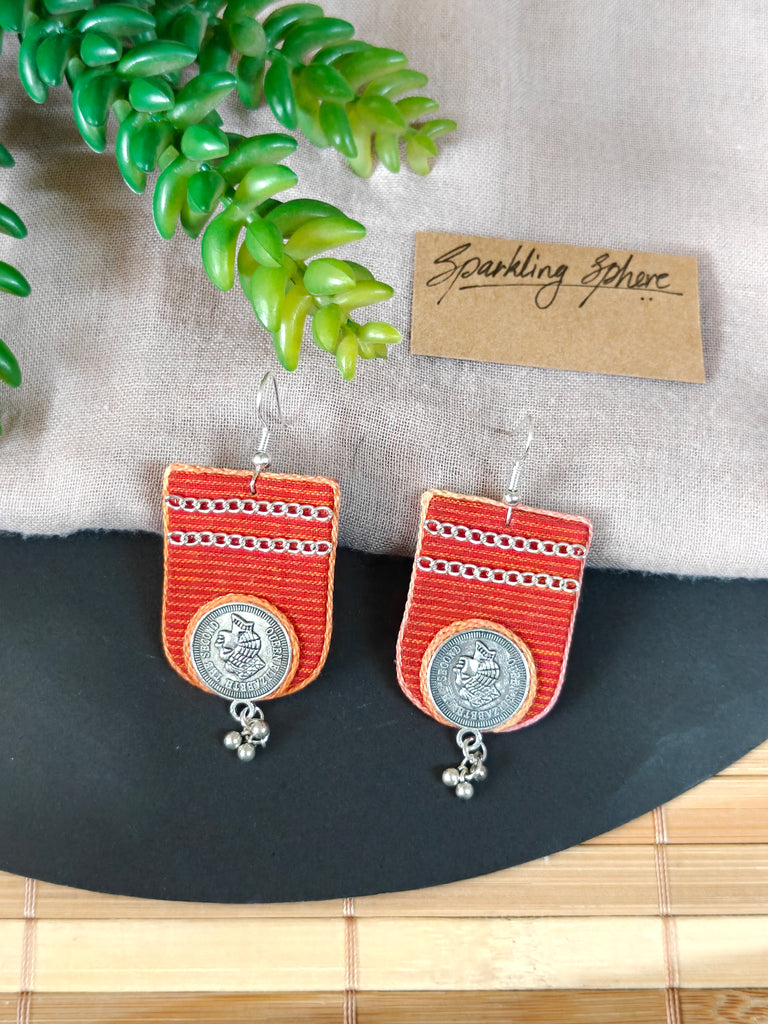 Orange & Yellow Earrings with Coin and Chain Details