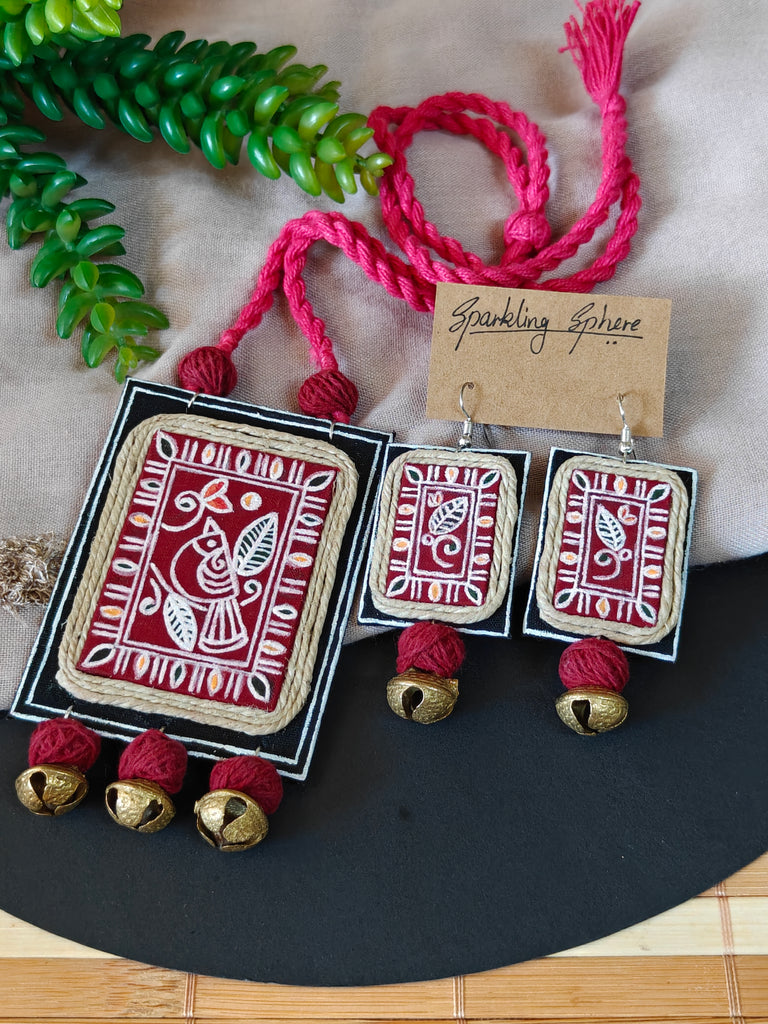 Suparna - Maroon Fabric Hand-painted Necklace Set with Bird  Motif and Brass Ghungroo