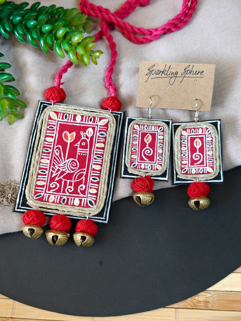 Suparna - Red Fabric Hand-painted Necklace Set with Bird  Motif and Brass Ghungroo