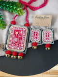 Suparna - Red Fabric Hand-painted Necklace Set with Bird  Motif and Brass Ghungroo