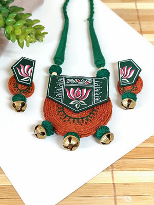 Dark Green Hand painted Lotus Motif Necklace Set with Jute details