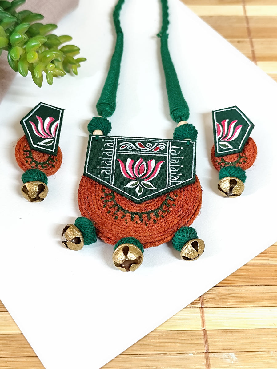 Dark Green Hand painted Lotus Motif Necklace Set with Jute details