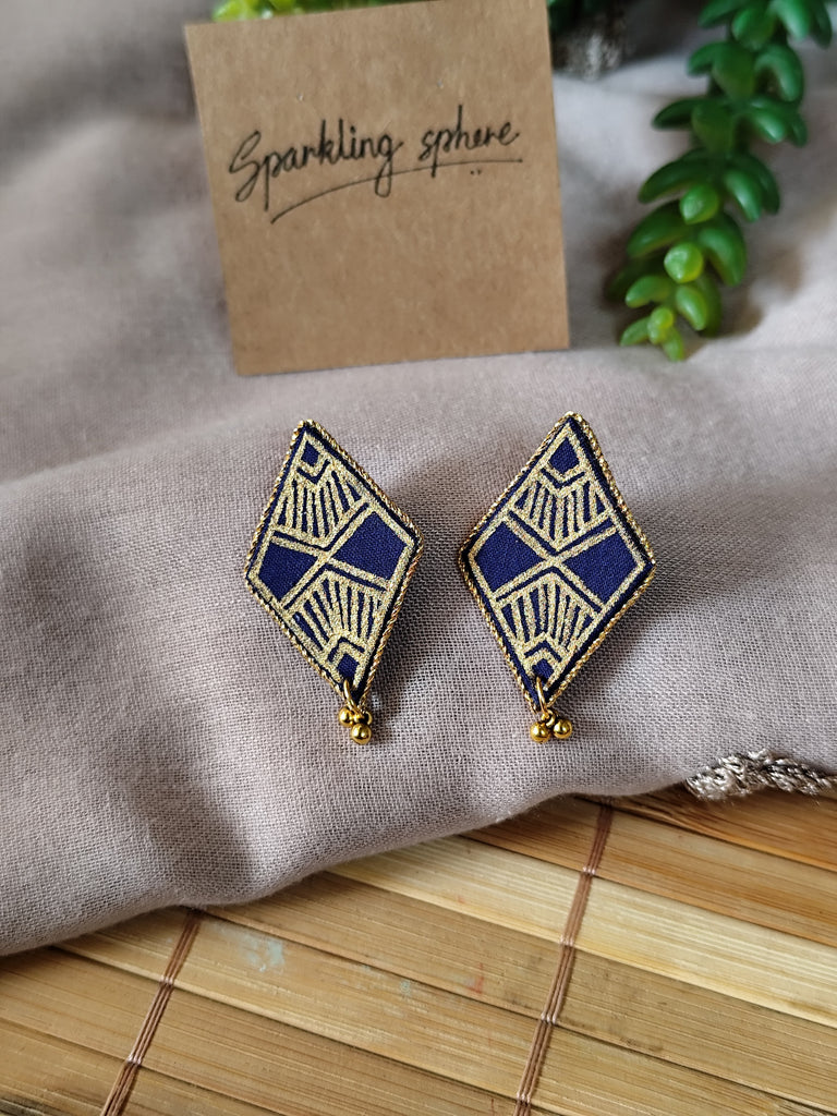 Navy Blue Hand-painted Earrings with Golden Motif Diamond shape