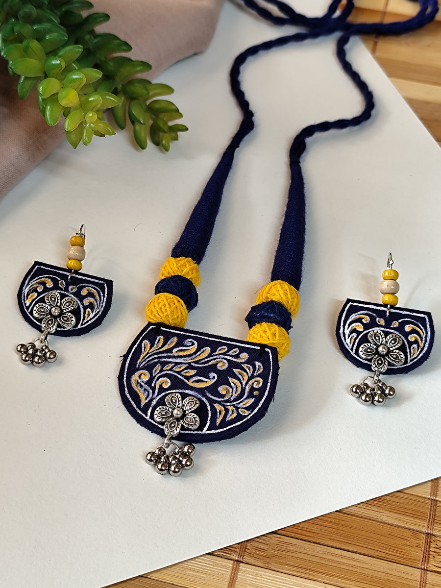 Dark Blue Hand painted Leaves Motif Necklace Set with Flower charm