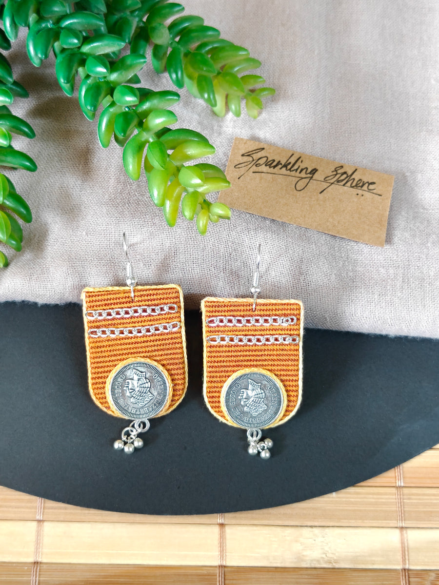 Ocher Yellow & yellow Earrings with Coin and Chain Details