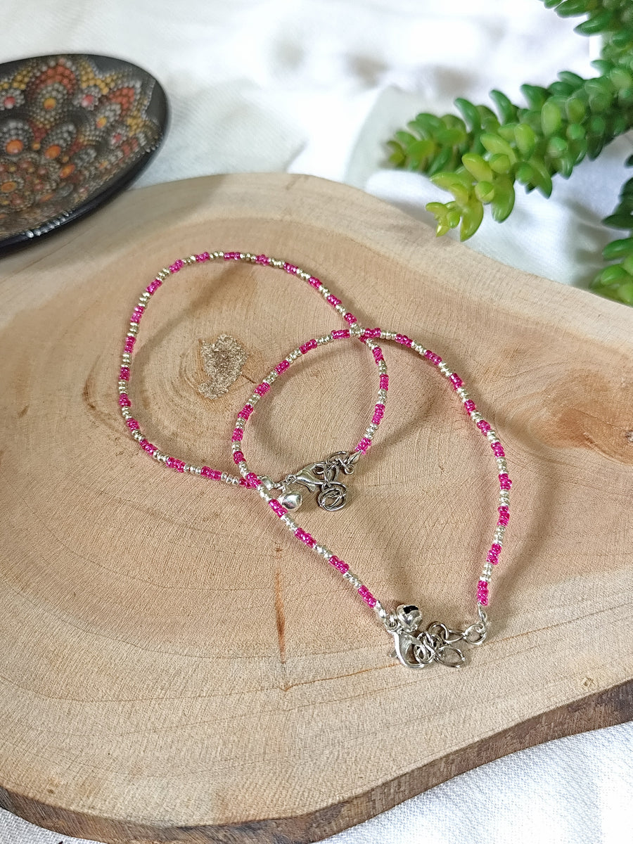 Pink and Silver Seed Beads Anklet