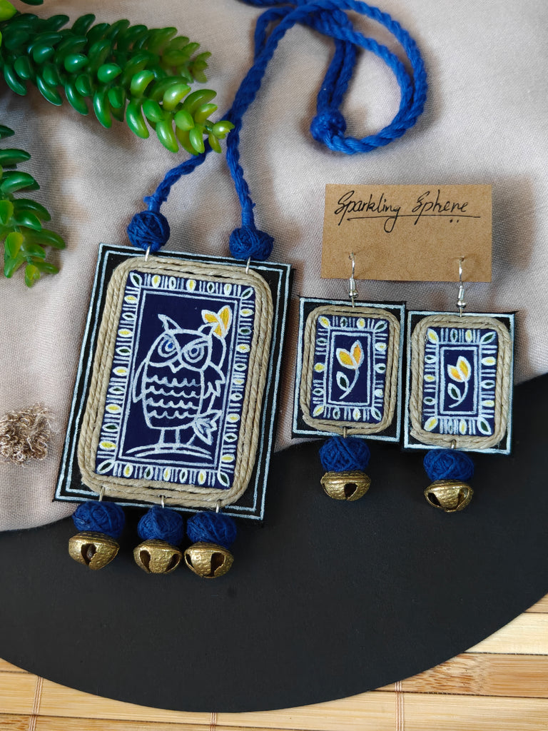 Suparna - Navy Blue Fabric Hand-painted Necklace Set with Bird  Motif and Brass Ghungroo