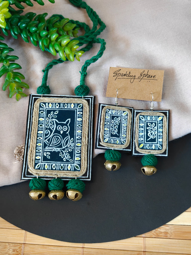 Suparna - Dark Green Fabric Hand-painted Necklace Set with Bird  Motif and Brass Ghungroo