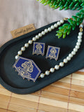 Navy Blue Hand-Painted Choker Necklace Set with Pearls Design 1