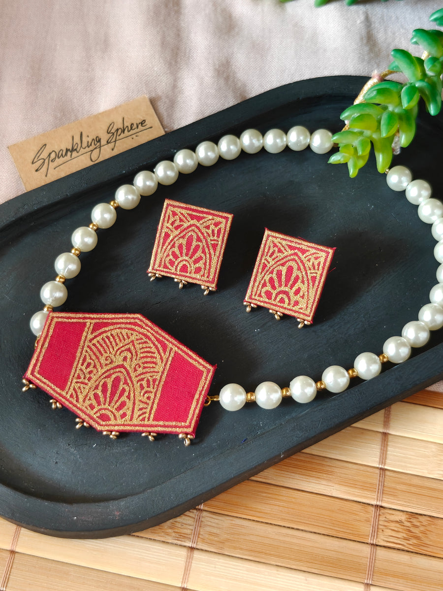 Pink Hand-Painted Choker Necklace Set with Pearls Design 2
