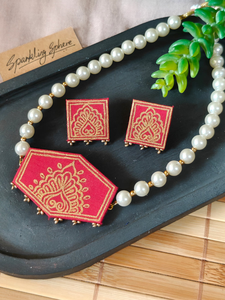 Pink Hand-Painted Choker Necklace Set with Pearls Design 1
