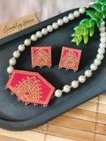 Pink Hand-Painted Choker Necklace Set with Pearls Design 1