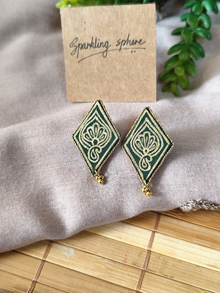 Dark Green Hand-painted Earrings with Golden Motif Diamond shape