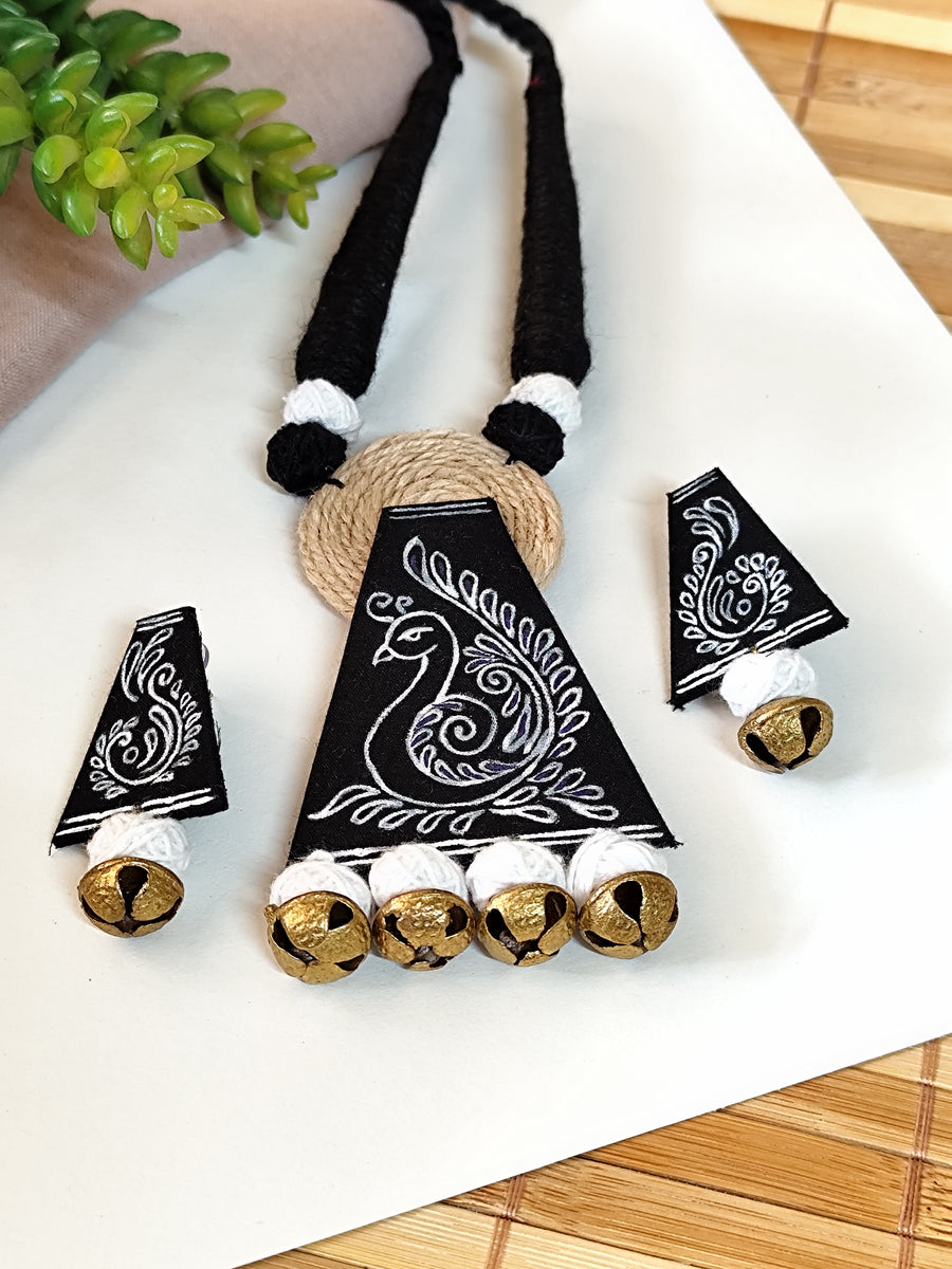 Black Hand painted Peacock Motif Necklace Set with Jute & Ghungroo details